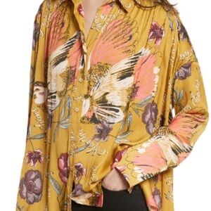 Free People Silky Nights Button-Up Shirt, French Cuffs, Oversized, Boho, Artist
